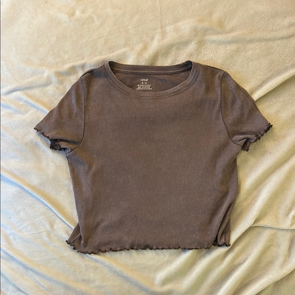 Aerie Brown Ruffle Lettuce Hem T-Shirt